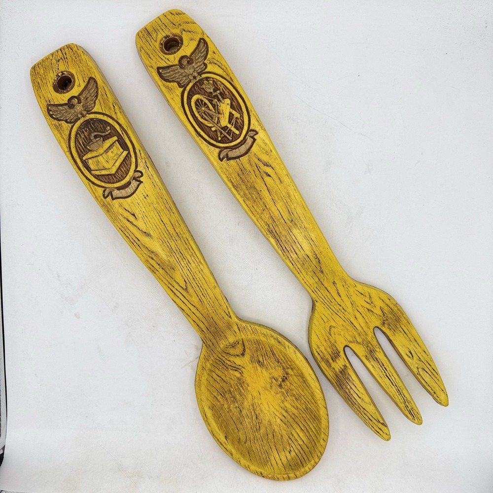 Vtg 1960 Universal Statuary Corp Wooden Fork Spoon‎ Set Chicago Wall Decor Large